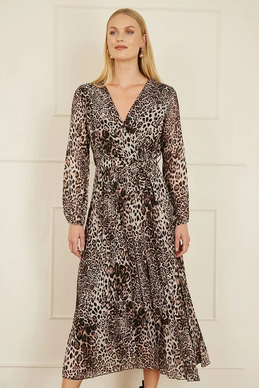 Brown Leopard Print Pleated Long Sleeve Wrap Midi Dress