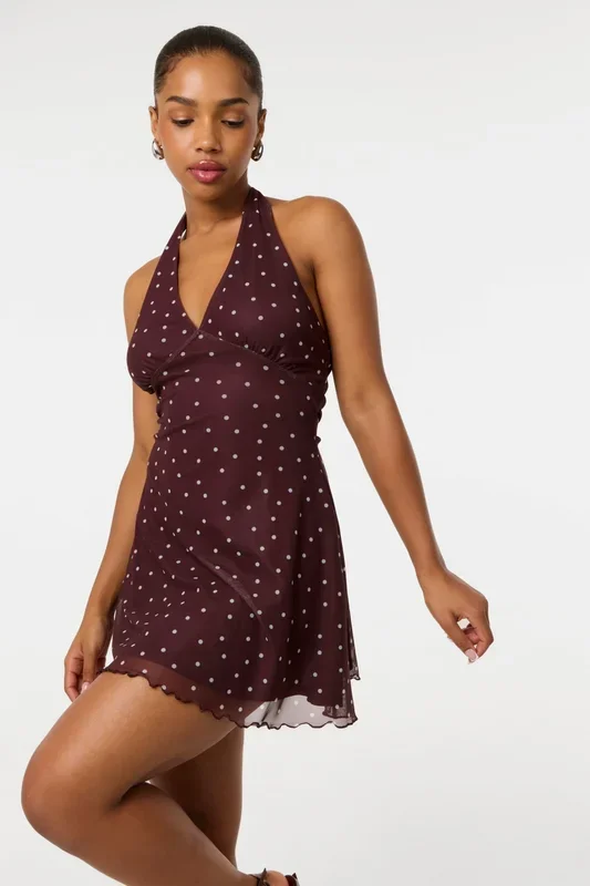 Brown Polka Dot Halter Mini Dress