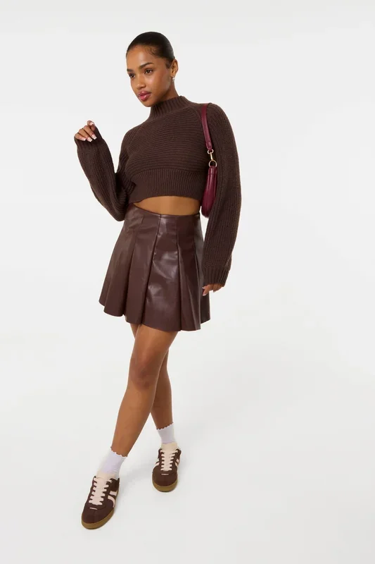 Brown PU Swing Skirt