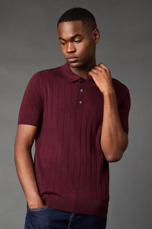 Burgundy Stripe Short Sleeve Knitted Polo