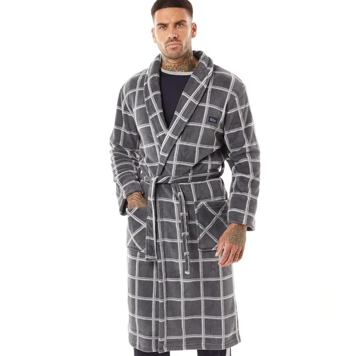 Buy Ben Sherman Mens Wilder Fleece Robe Charcoal/Ivory Check