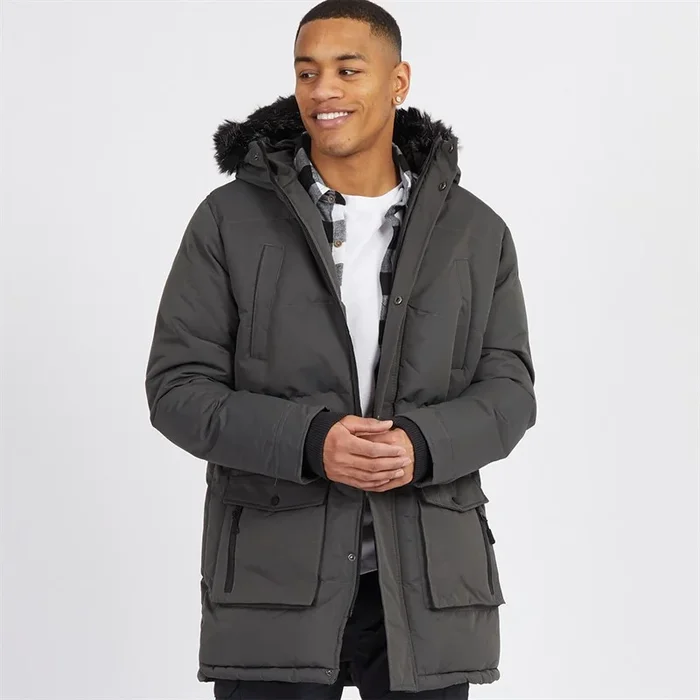 Buy Brave Soul Mens Jethrocharc Padded Parka Jacket Charcoal