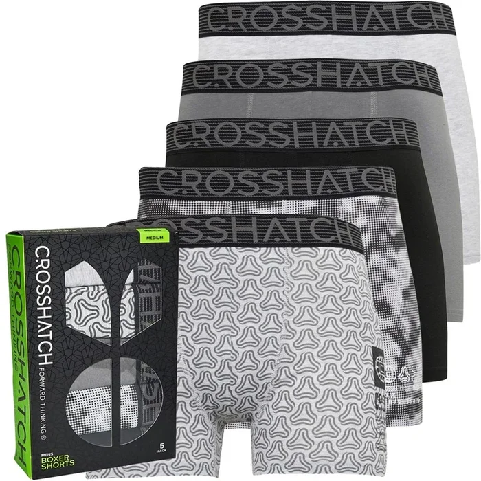Buy Crosshatch Mens Buzzard Five Pack Boxers Grey Marl/Pattern/Dark Grey/Pattern/Black