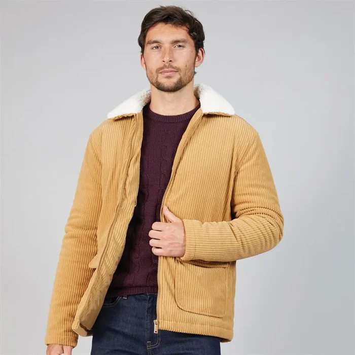 Buy Kangaroo Poo Mens Cord Jacket With Borg Collar Dark Beige