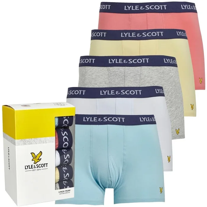 Buy Lyle And Scott Vintage Mens Miller Five Pack Trunks Cool Blue/Tea Rose/White/French Vanilla/Light Grey Marl