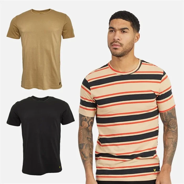 Buy Lyle And Scott Vintage Mens Three Pack T-Shirts Cairngorms Khaki/Khaki Stripe/Jet Black