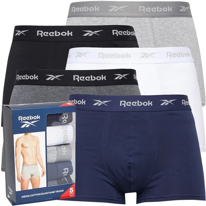 Buy Reebok Mens Boyes Five Pack Trunks Black/White/Grey Marl/Navy/Charcoal Marl