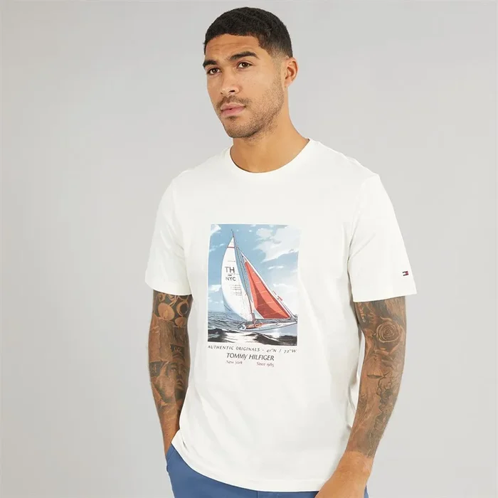 Buy Tommy Hilfiger Mens Hilfiger Color Photo T-Shirt Ivory Petal