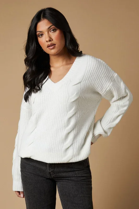 Cable Front V Neck Jumper