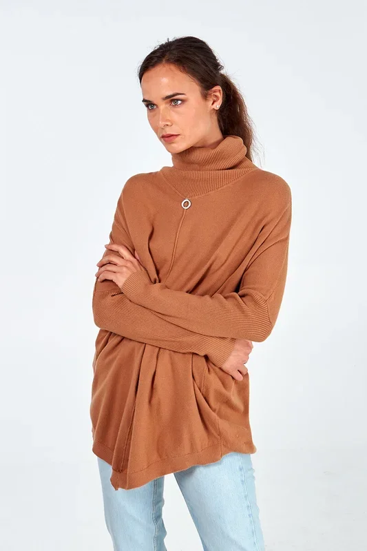 Camel Diamond Ring Roll Neck Tunic Jumper
