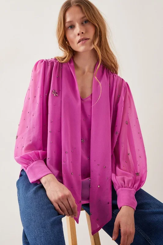 Candice Embellished Pussybow Blouse Pink
