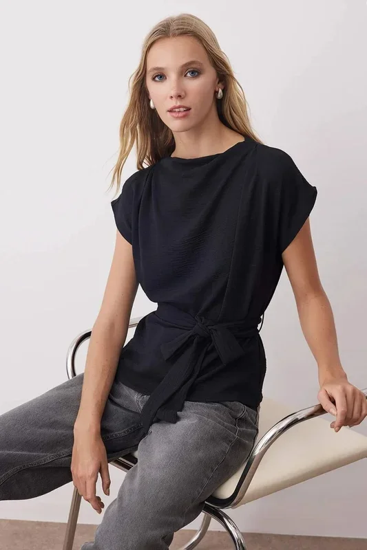 Cap Sleeve Belted Woven Blouse