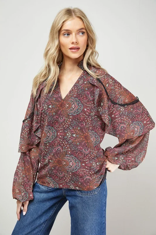 Cape Detail Trim Balloon Sleeve Boho Blouse