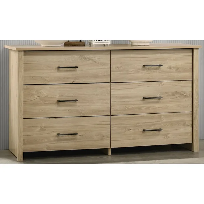 Celeste 57″W Light Oak Finish 6-Drawer Dresser with Black Handles