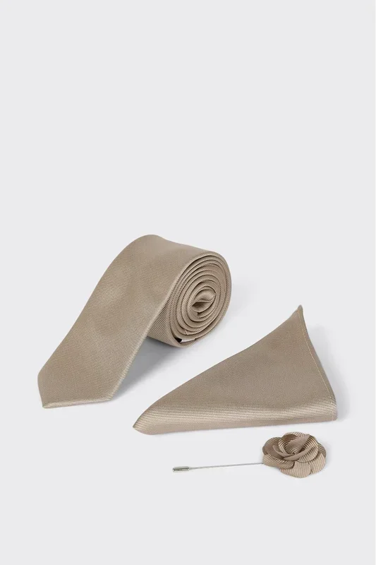 Champagne Slim Tie With Pocket Square and Pin