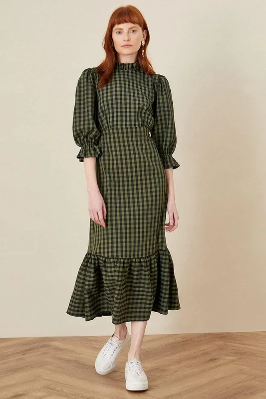 Check Tier Hem Midi Dress