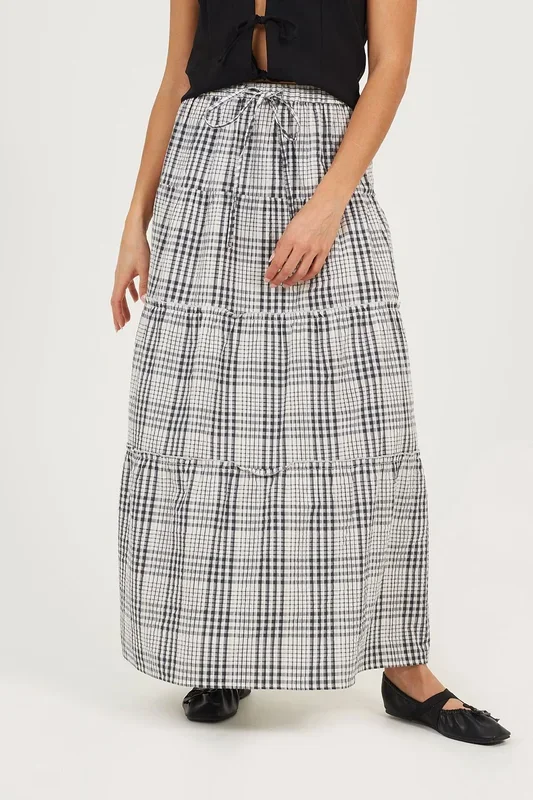 Check Tiered Maxi Skirt