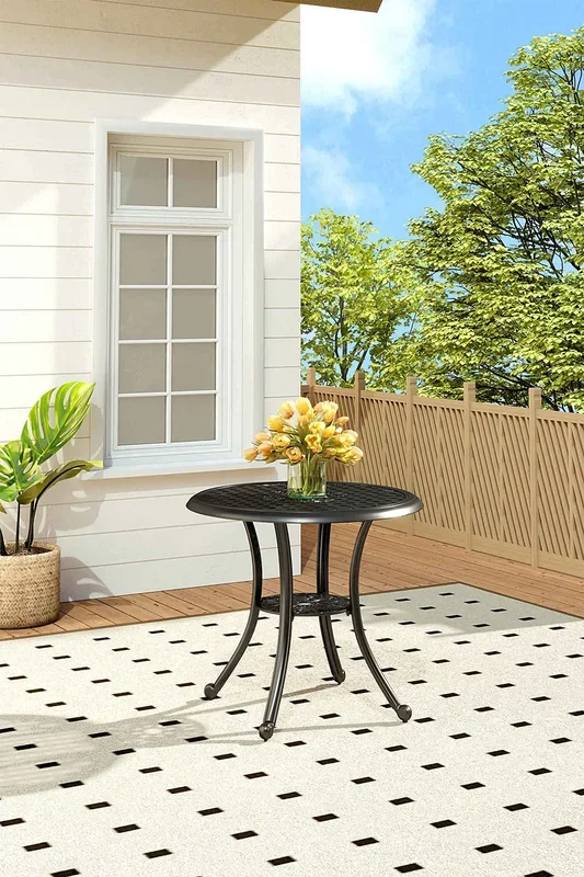 Checkered Hollowed Out Cast Aluminum Patio Dining Table with Umbrella Hole