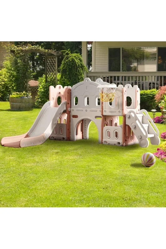 Children Playset with Slide Basket Hoop Toddler Playground for Indoor Outdoor
