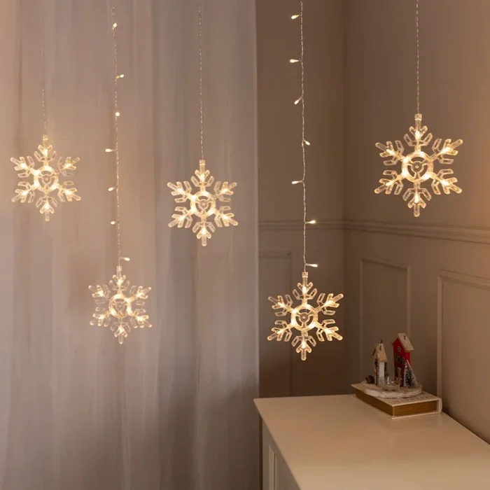 Christmas Outdoor Curtain 7 Snowflake Lights Warm White Bulbs