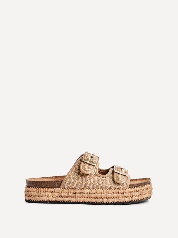 Cici Beige Aztec Woven Double Buckle Flatform Slider Sandal