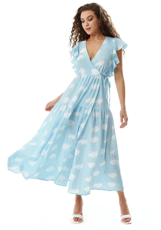 Cloud Print Midi Wrap Dress with Frill Sleeves in Blue