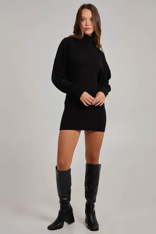 Cold Shoulder High Neck Brushed Ribbed Dress