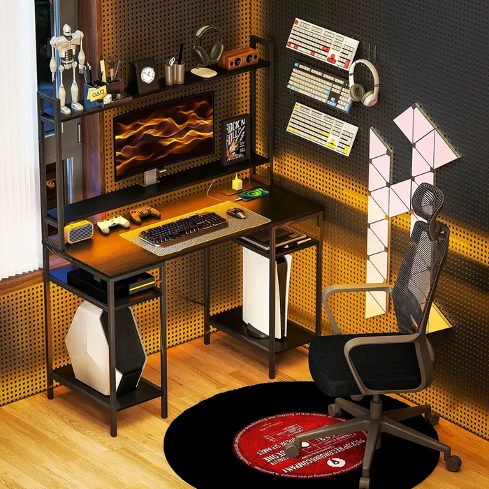 Computer Desk – Black | PC Desk with RGB LED Lights and Charging Station HOMCOM