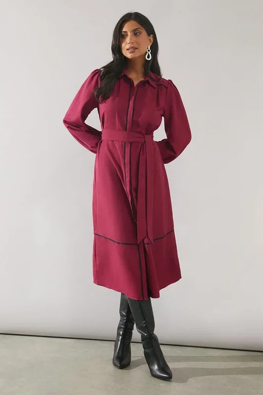 Contrast Piping Tie Waist Shirt Dress