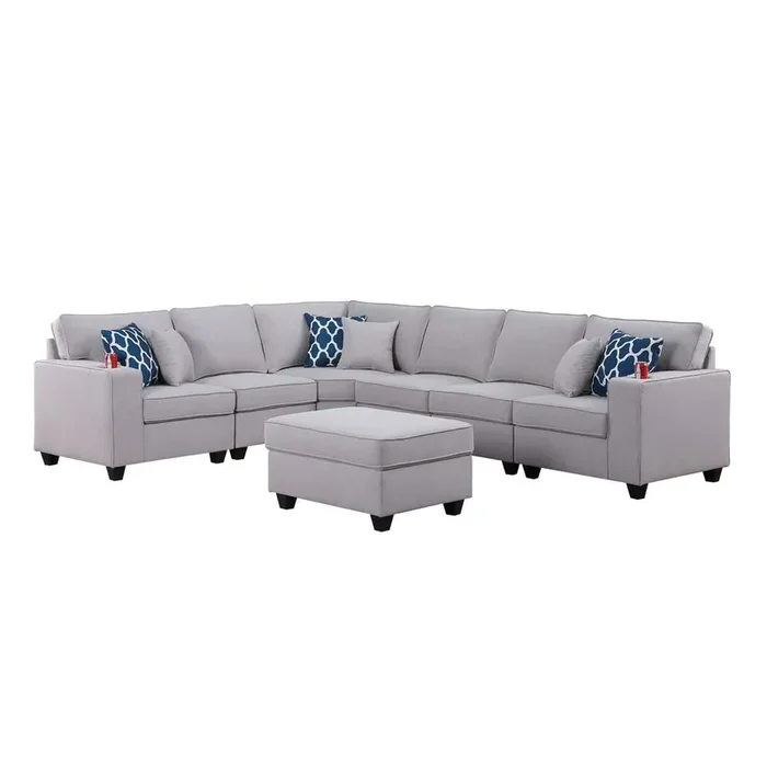 Cooper Light Gray Linen 7Pc Reversible L-Shape Sectional Sofa with Ottoman & Cupholder