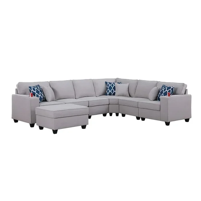 Cooper Light Gray Linen 7Pc Reversible L-Shape Sectional Sofa with Ottoman and Cupholder