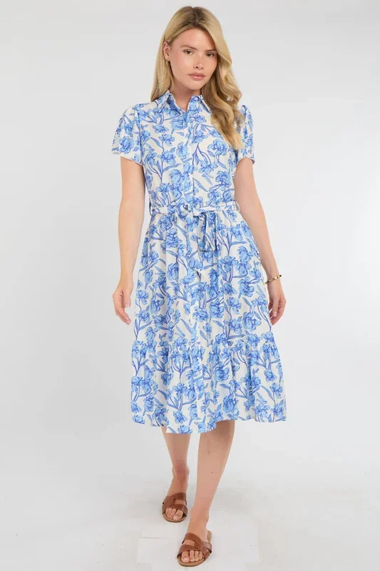 Cornflower Blue Floral Print Midi Shirt Dress