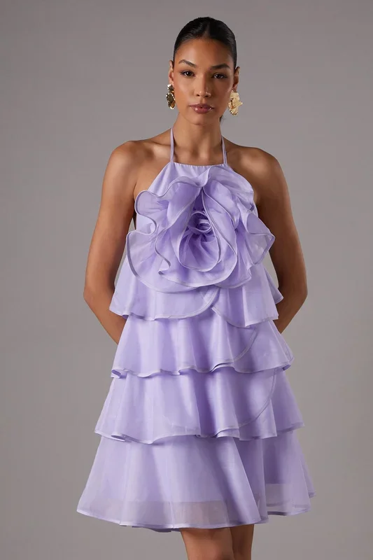 Corsage Trim Layered Halter Neck Mini Dress