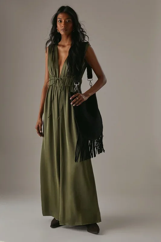 Crinkle Satin Plunge Neck Tie Detail Jumpsuit
