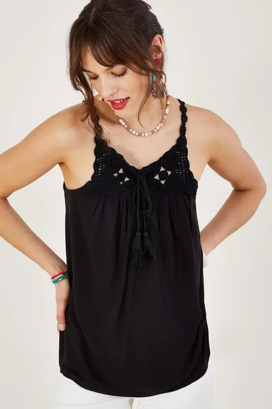Crochet Trim Jersey Cami Black