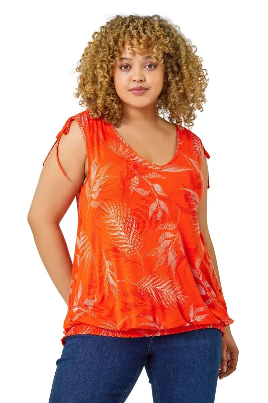 Curve Leaf Print V-Neck Blouson Top