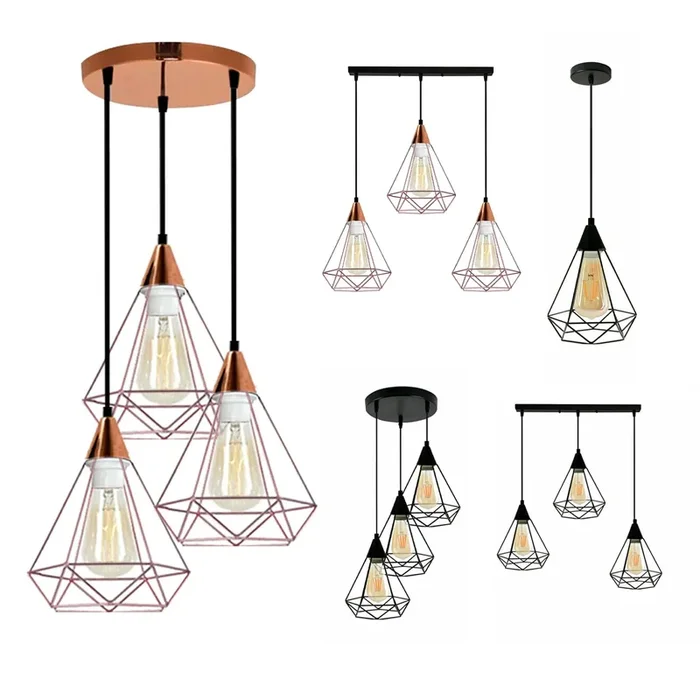Diamond Cage Geometric Wire Black Rose Gold Pendant Light-2605