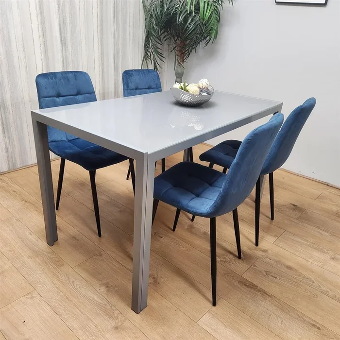Dining Table and 4 Blue Velvet Chairs Grey Glass Table 4 Velvet Chairs Dining Room Furniture