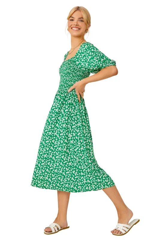 Ditsy Floral Print Shirred Dress