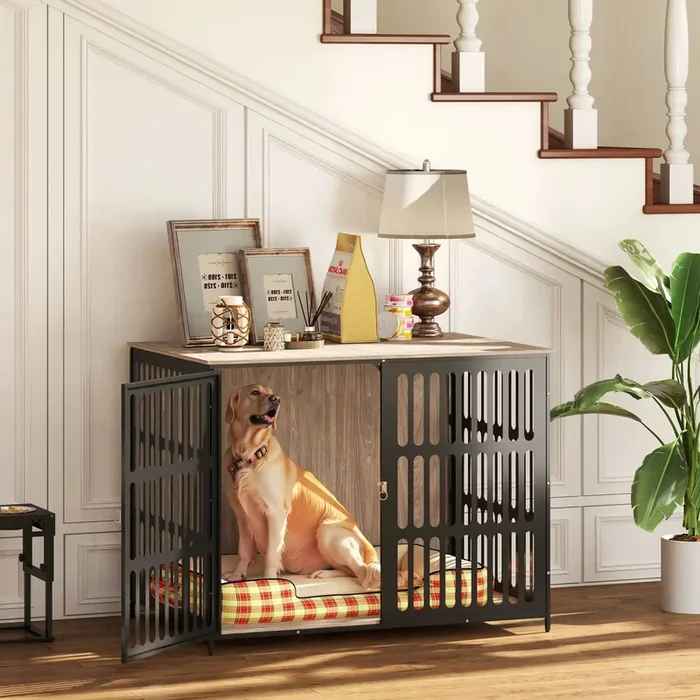 Dog Crate Furniture – Walnut Brown | XL Pet Cage with Side Table Design – Up to 40kg PAWHUT