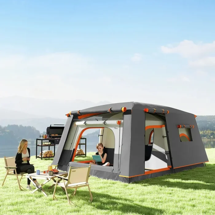 Double Layer Tunnel Tent with Porch, Living Area and 2 Bedrooms in Grey (4 – 6 persons)