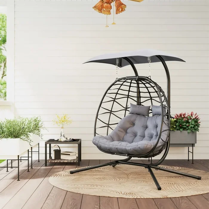 Double Rattan Swing Chair with Canopy – Black Steel Frame | 2-Person Seating OUTSUNNY