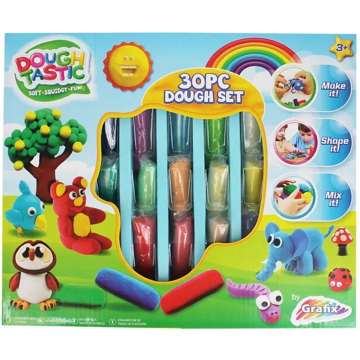 Doughtastic 30 Piece Coloured Dough Set Soft Squidgy Fun Make Shape Mix Build