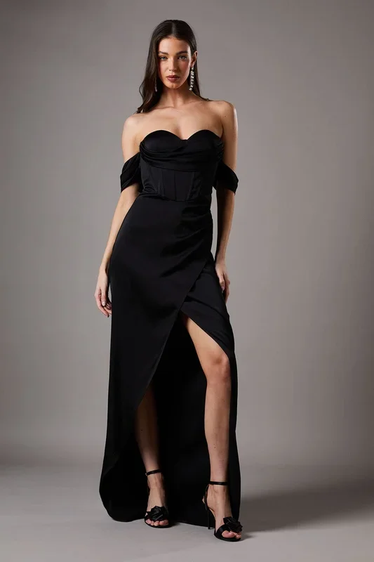 Draped Bardot Corset Satin Black Maxi Dress