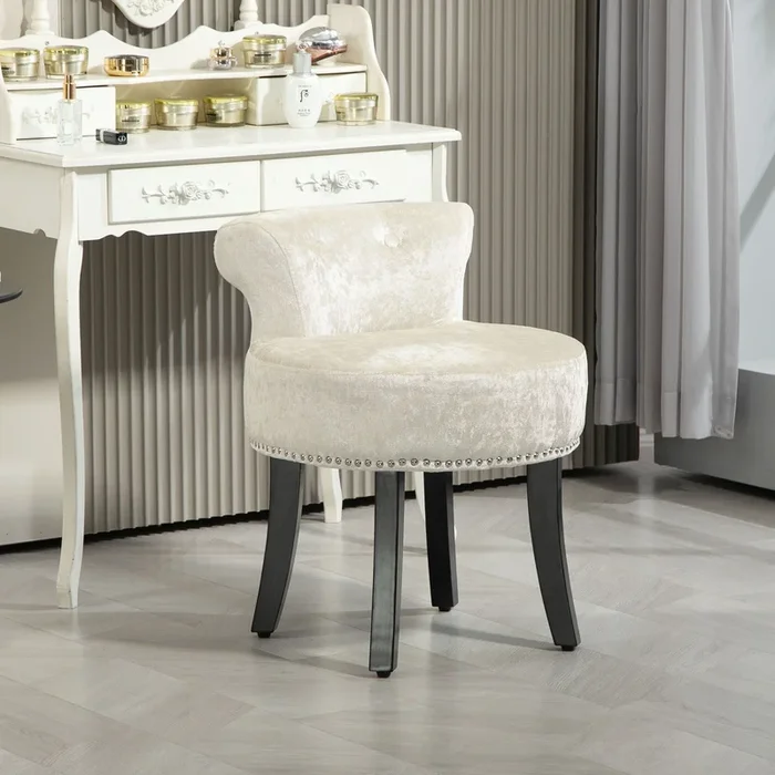 Dressing Table Stool Vanity Seat w/ Rubber Wood Legs Bedroom – Beige
