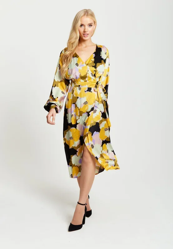 Earth Tone Floral Print Midi Wrap Dress