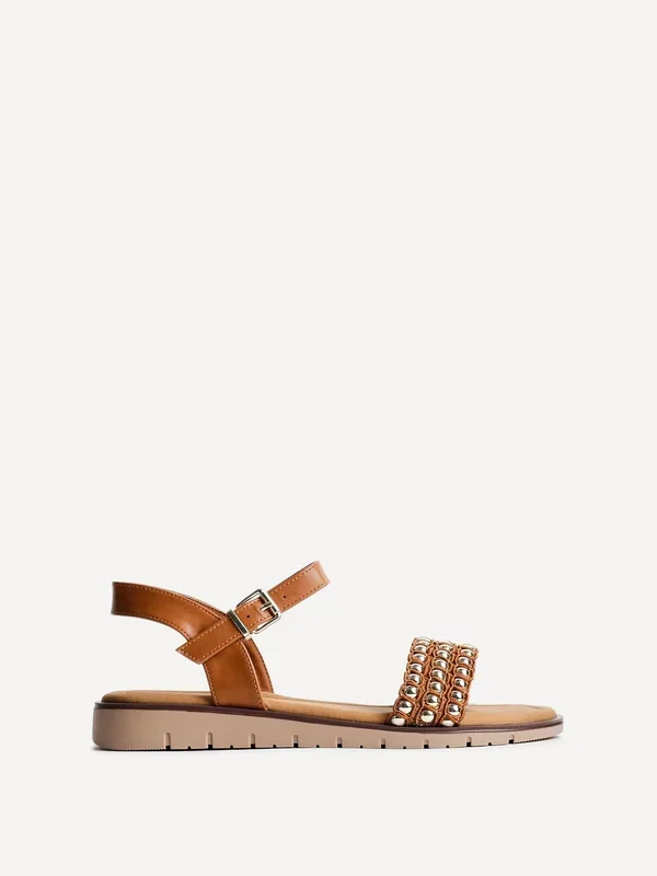 Electra Tan Faux Leather Studded Flat Sandals