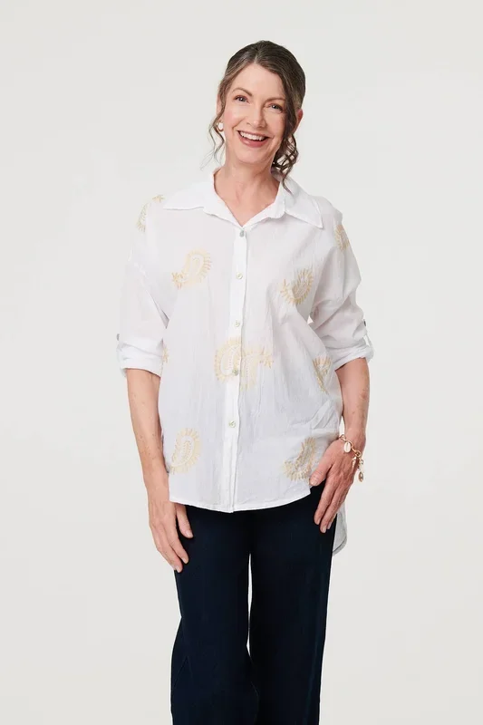 Embroidered 3/4 Turn-Up Sleeve Shirt