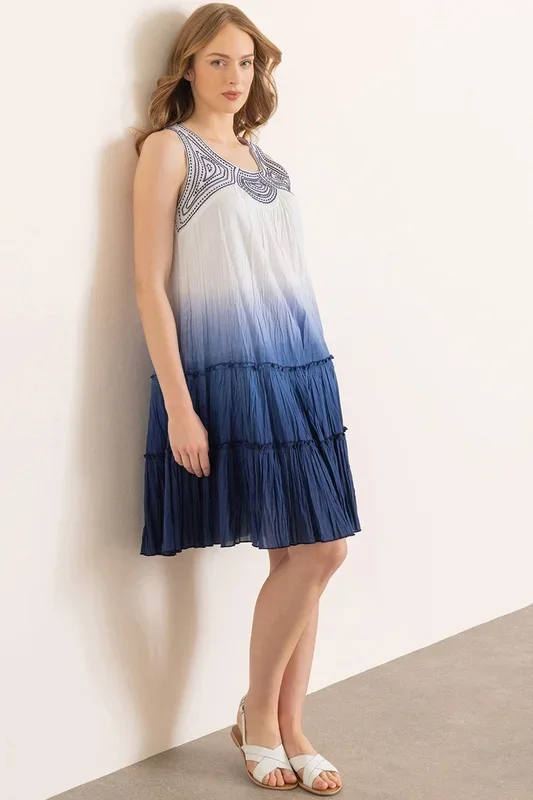 Embroidered Ombre Sleeveless Cotton Dress