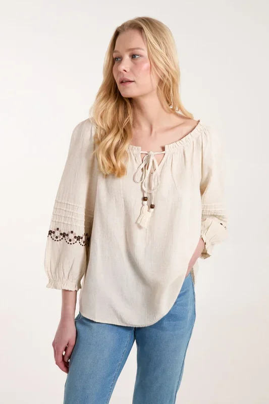 Embroidered Pleated Sleeve Top